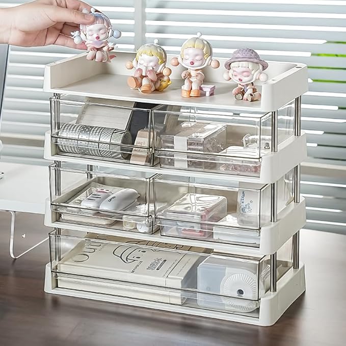 Modular Drawer Organizer, Stackable 3 Trays Come with 3 Drawers box for Tea Bags, Coffee Pods, Spices, Makeup, Office Supplies, Snacks, 12.7x6.7x8.7 inches Countertop Drawer Organizer