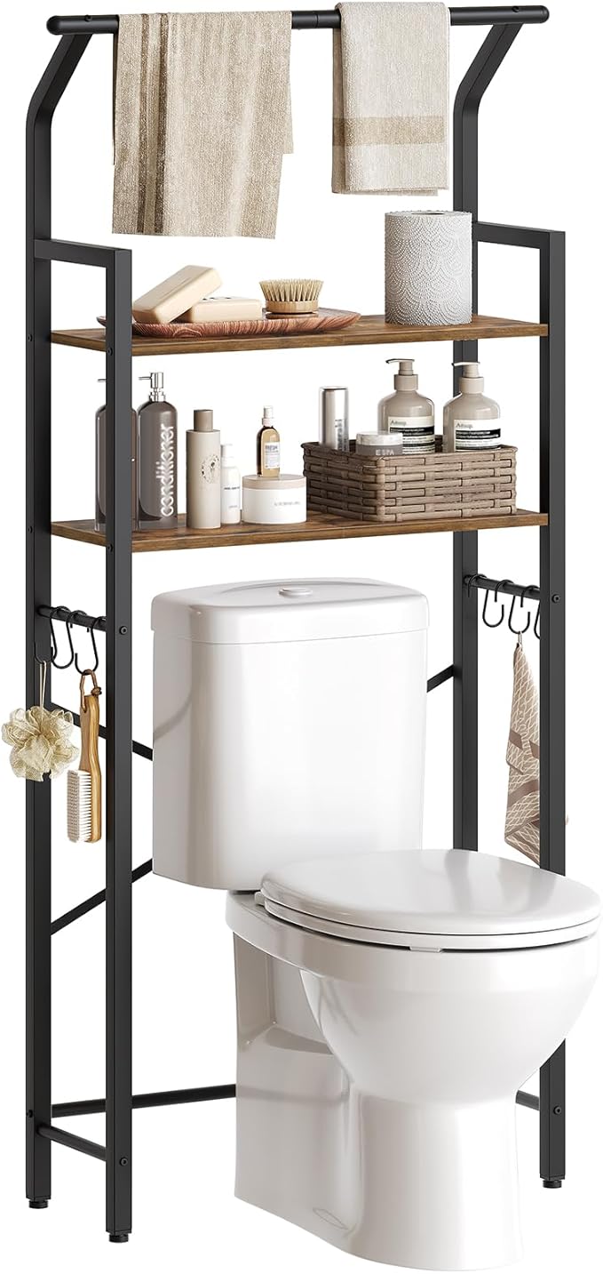 2-Tier Over The Toilet Storage, Multifunctional Vertical Over Toilet Bathroom Organizer, Freestanding Bathroom Storage Shelves with Hooks, Bathroom Organizer, Rustic Brown and Black TR01BR