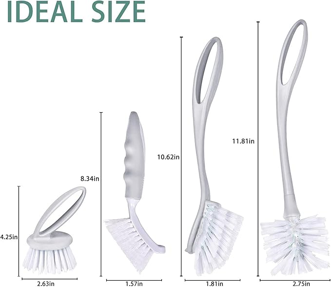 Dish & Bottle Brush Set, 4-Piece Kitchen Cleaning Brushes, Gray, Plastic Handles, Medium Bristles (Nylon or Polyester)