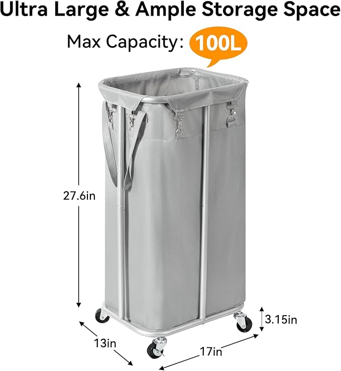 WOWLIVE 100L Rolling Laundry Hamper with Wheels Large Laundry Basket Organizer Laundry Cart with Steel Frame and Removable Bag Foldable Tall Dirty Clothes Hamper Dorm Room Storage for Bedroom (Grey)