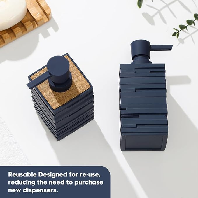 Matte Blue Teak Wood Hand Soap Dispenser 10 oz Square for Bathroom and Kitchen Countertops