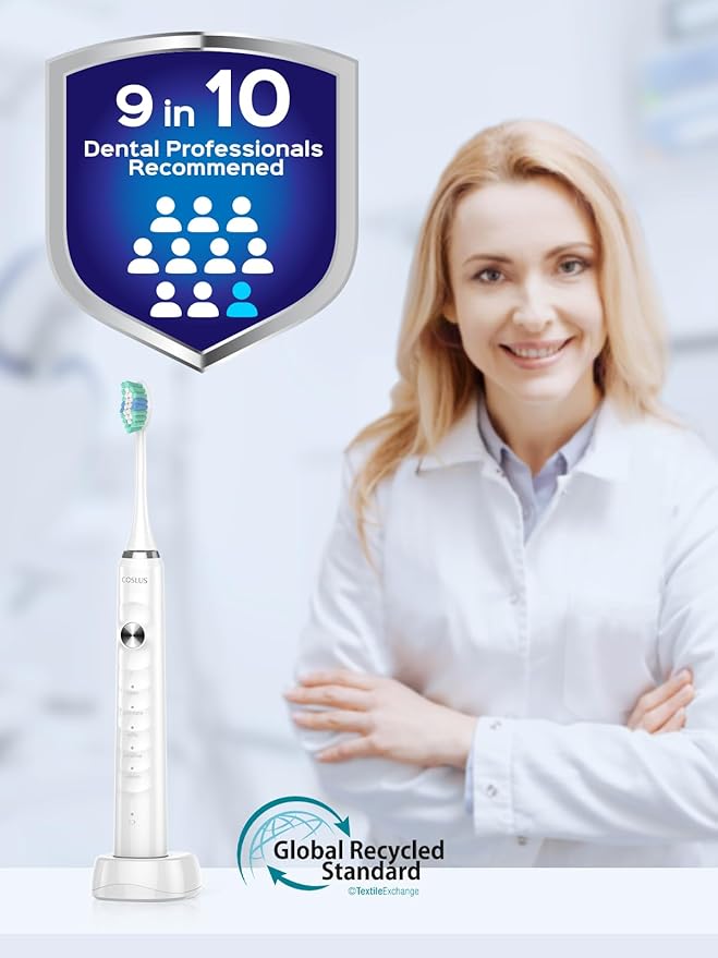 COSLUS Sonic Electric Toothbrush for Kids & Adults C40(DY-108Pro): 47000 VPM for Deep Cleaning with Travel Case - 5 Modes for Sensitive Teeth & Braces, Wireless Charging, 6 Brush Heads, White (1PC)