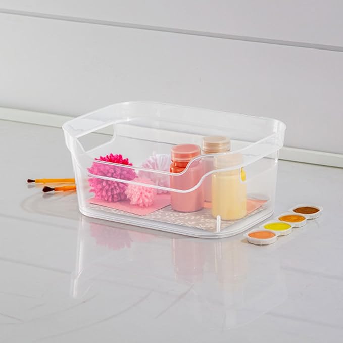 Sterilite 9.5 x 6.5 x 4 Inch Small Open Scoop Front Clear Storage Bin with Comfortable Carry Through Handles for Household Organization (64 Pack)