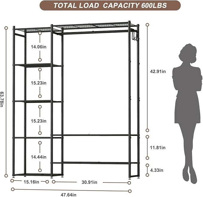 Neprock Wardrobe Closet, Portable Clothing Rack for Hanging Clothes, Free Standing Closet Organizers and Storage System with 4 Tiers Shelves for Cloakroom Bedroom, Black