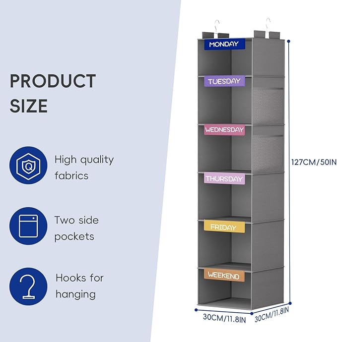 VERONLY Weekly Hanging Closet Organizer for Kids, 6-Shelf Clothes Storage with Labeled Days of The Week Monday Through Friday, Weekday and Weekend, Days of The Week Clothes Organizer