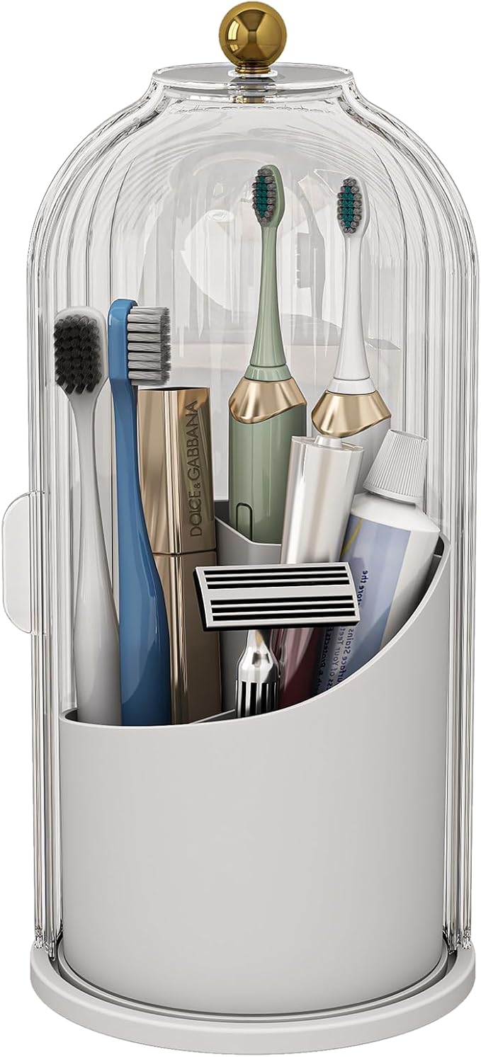 Zufudo Dustproof Toothbrush Holders with Cover, Rotating Electric Toothbrush and Toothpaste Holder for Bathroom Countertop, 3 Slots Makeup Brushes Organizer, Transparent