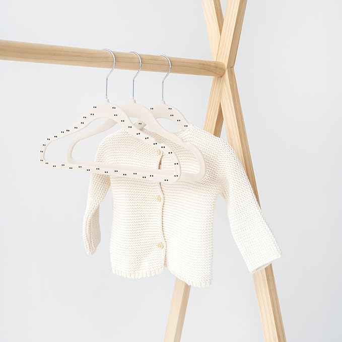 3 Sprouts Velvet Baby Hangers - Non-Slip Hanger for Infant, Toddler, Baby Clothes - Closet Kids Hangers with Slim Design, Nordic Colors, Pack of 30 - Double Dot & Beige