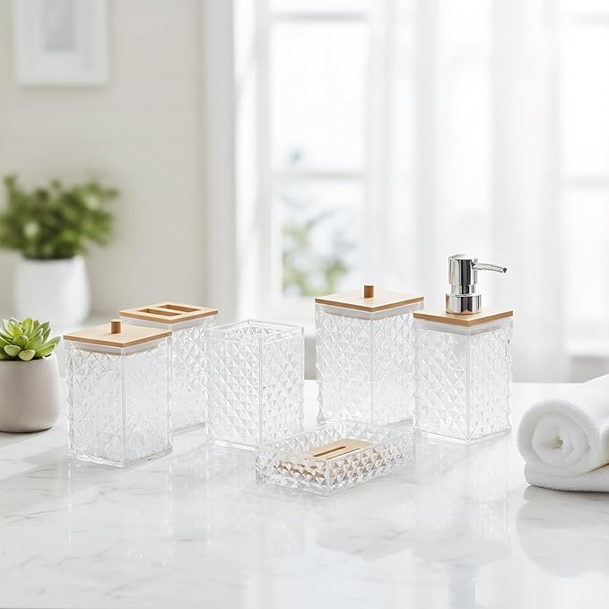 Bathroom Accessory Set,6 Pcs White Bathroom Set Include Soap Dispenser, Qtip Holder Dispenser, Soap Dish,Toothbrush Holder & Mouthwash Cup.Boho Bathroom Set