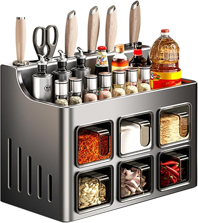 Multifunctional Spice Rack Organizer Wall Mounted with Knife Holder Kitchen Hanging Seasoning Jar Organization (6 Boxes)
