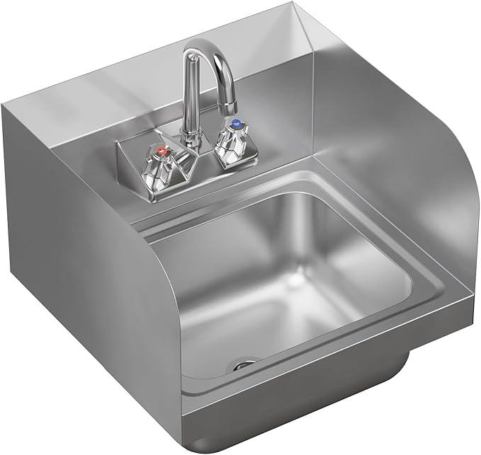 15 in. x 15 3/4 in. NSF Certified Stainless Steel Hand Sink with Side Splash Guards- Commercial Wall Mount Hand Basin with Faucet. Ideal for Restaurants, Bars, Kitchens, and Stores