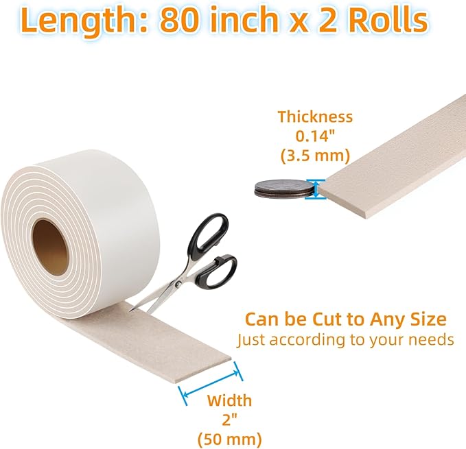Felt Strips with Adhesive Backing – Furnigear Heavy Duty Cuttable Felt Tape Roll Furniture Pads for Chair Legs - Protecting Hardwood Floors, Chair Wall Protector (Beige, 80 x 2 x 0.14 Inch)
