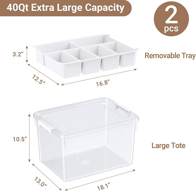 HOMETUK 80Qt Plastic Storage Bins with Lids, Clear Latching Organizers Boxes with Removable Trays, Large Portable Storage Containers, for Holiday Ornaments, Home Organization, 2Pack