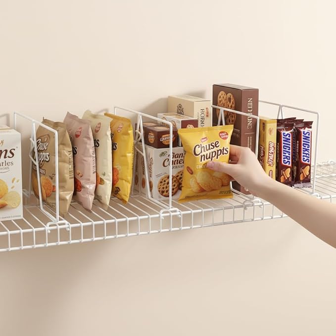 Wire Shelf Dividers - White Closet Organization & Storage Organizer - No Tool Shelf Divider for Wire Shelves - Metal Shelf Accessories – for 12“ Deep Wire Shelves – Tall 7” Height – 8 Pack