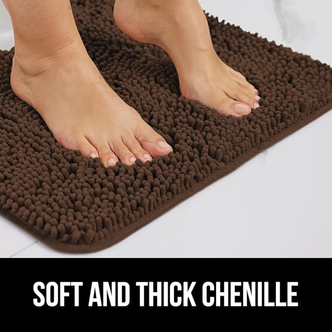 GORILLA GRIP Plush Absorbent Shaggy Chenille Bath Rug Mat for Square Toilet Base with Rubber Backing, Machine Washable Rugs, Soft Microfiber Contour Mats for Toilets, Bathroom Decor, Brown