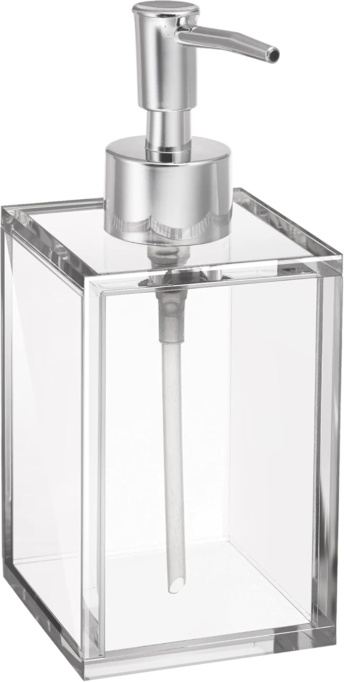 Clear Acrylic Refillable Liquid Hand Soap Dispenser with Rust Proof Stainless Steel Pump, Modern Square Bathroom Vanity Soap Dispenser | 12 oz, 1 Pack