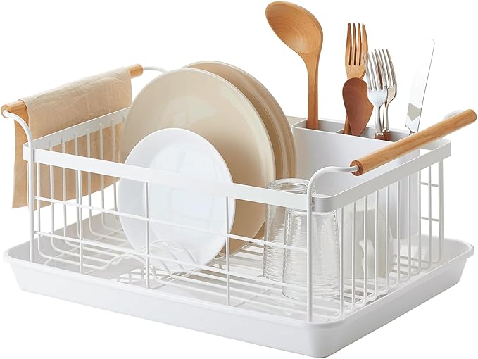 YAMAZAKI Home Sink Dish Rack with Removable Drainer Tray, Kitchen Drying Organizer Holder, One Size, White Steel