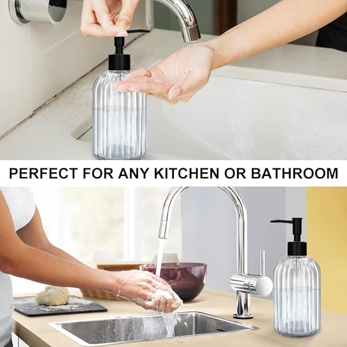 Pack of 2 Glass Soap Dispenser with Black Pump, 400 ml Refillable Pump Dispenser for Kitchen, Bathroom, Laundry Room, Liquid Glass Bottle for Washing Up Liquid, Shampoo, Conditioner (Clear)
