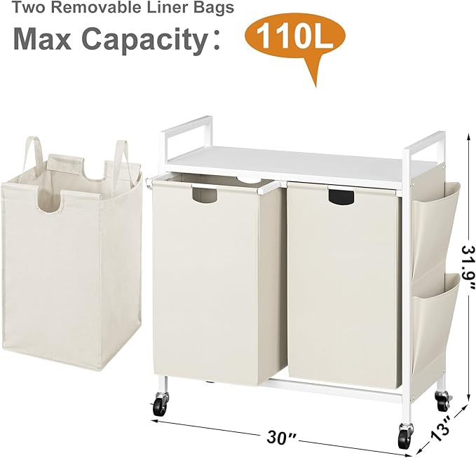 WOWLIVE Double Laundry Hamper with Lid,Rolling Laundry Basket Organizer with Wheels, Iron-Made Laundry Sorter with Top Shelf and 2 Removable Bags,Large Clothes Storage for Room,White