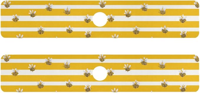 Kitchen Sink Splash Guard 2 PCS 30 Inch Sink Faucet Mat Splash Guard for Bathroom Countertop Water Absorbent Foldable Cuttable Soft Washable Yellow and White Striped Bees01