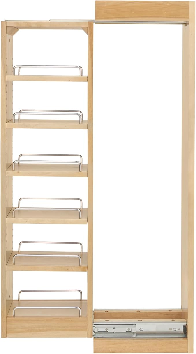 Rev-A-Shelf 6" W x 39" H Pull Out Quad Shelf Organizer for Wall & Base Kitchen Cabinets, Full Extension Filler Spice Rack, Adjustable, Wood, 432-WF39-6C