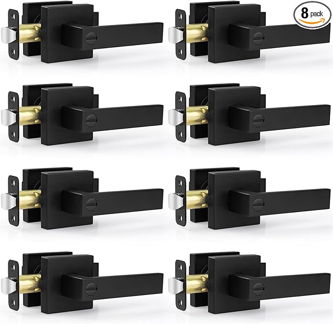 Estmoon 8 Pack Door Handles Black Interior Door Knobs, Keyless Privacy Door Levers with Lock Heavy Duty Door Handle for Bedroom Bathroom