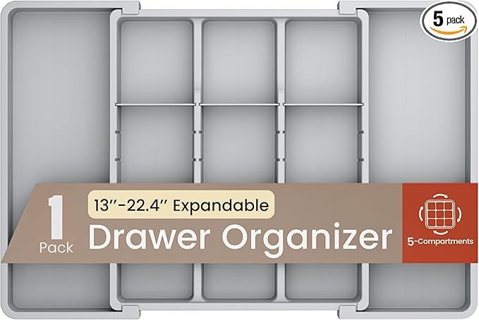 Gray Expandable Utensil Drawer Organizer 1 Pack, Adjustable 13” to 22.4”, 5 Compartment Silverware Organizer for Kitchen Utensils, Spatulas, Cutlery, and Tools, Easy to Clean, Durable, and BPA-Free