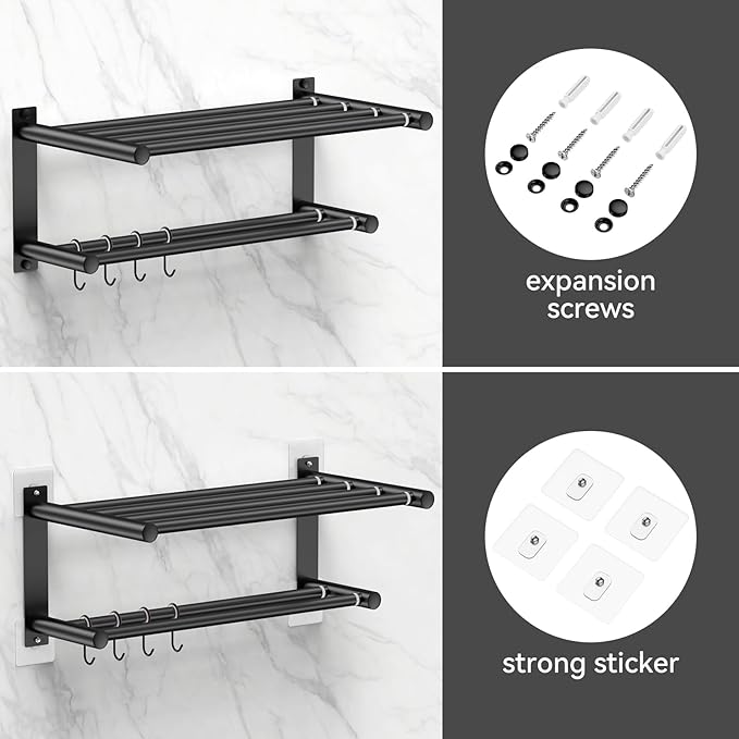 CAXIMSY Black Adjustable Black Towel Bar for Bathroom Wall Mount17-30.7inch Adhesive Shower Towel Rack Stainless Steel Bath Towel Holders for Toilet Kitchen Double Towel Hanger