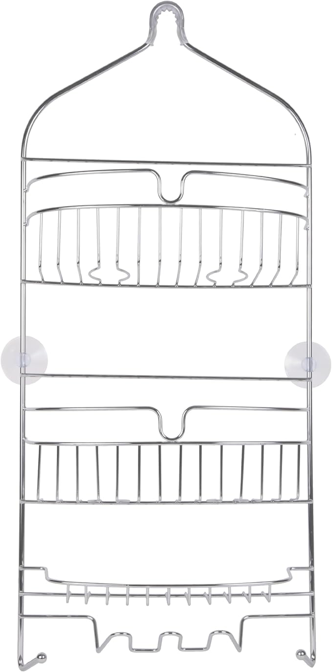 Kenney KN614151 Over the Shower Head 24" L x 11" W x 4.5" D Rust-Resistant Metal Wire Large 3-Shelf Hanging Caddy with Suction Cups and Razor Holders for Bathroom Shower, Chrome