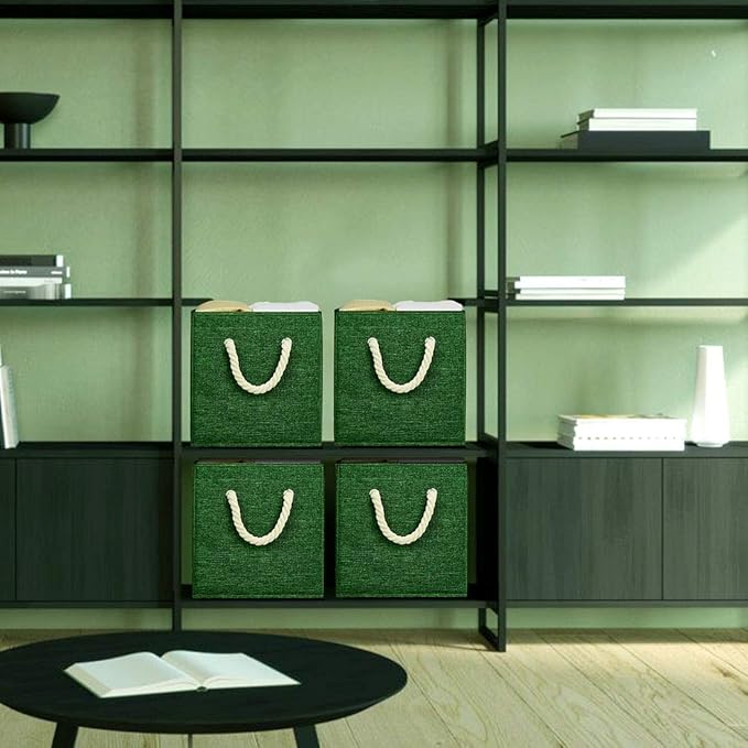 i BKGOO Foldable Storage Cube Bins Green Linen Fabric Collapsible Resistant Basket Box Organizer with Cotton Rope Handle for Home Office and Nursery 10.5x10.5x11 inch