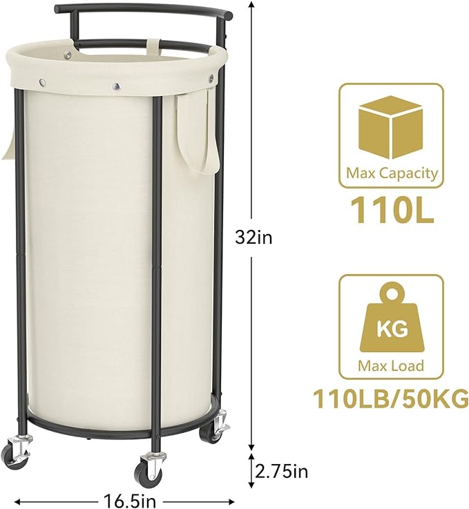 Chrislley 110L Laundry Hamper with Wheels,Rolling Laundry Basket with Removable Bag,Round Iron Laundry Cart with Steel Frame and Handle,Dirty Clothes Hamper Organizer for Dorm,Laundry Room(Beige)