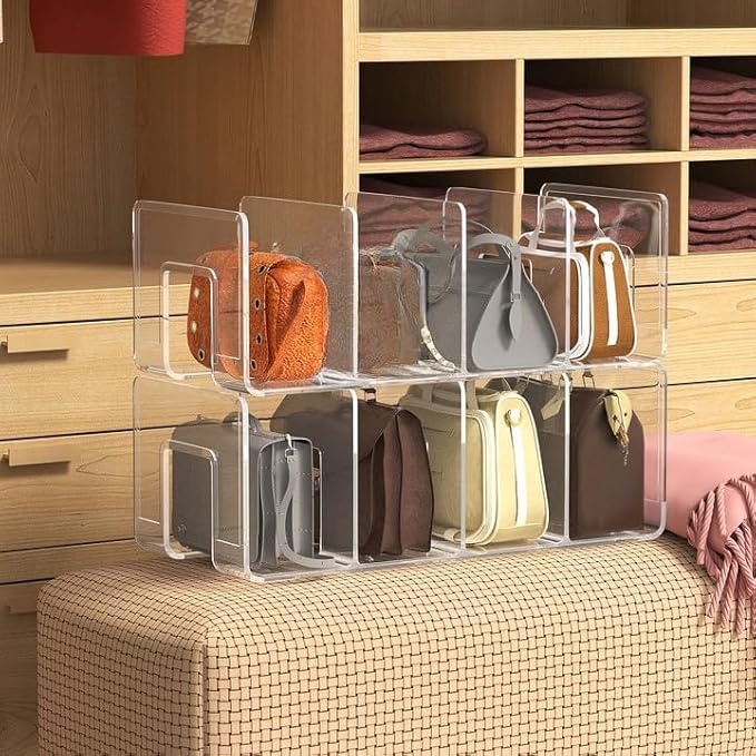 Noleja 2pcs Clear Plastic Purse Handbag Organizer 4 Sections Bag Closet Shelf Divider Purse Display Stand Handbag Storage Organizer Clear Desk File Sorter Stand Holder Bookshelf (4)