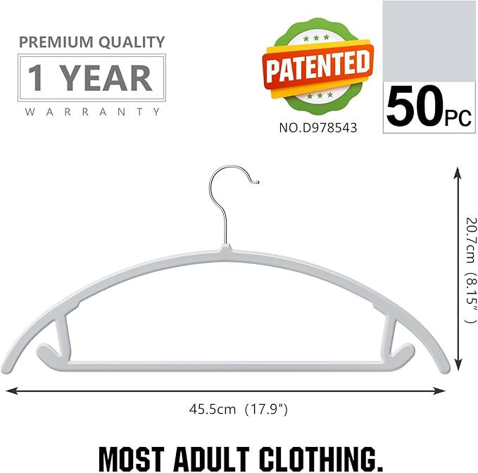 MIZGI Premium Plastic Hangers (Pack of 50) Heavyduty- Gray No Shoulder Bump Suit Hangers - Space Saving Clothes Hangers,Rounded Hanger for Coat,Sweater,Jackets,Pants