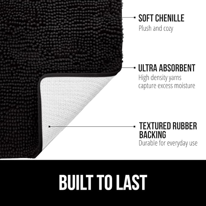 GORILLA GRIP Plush Absorbent Shaggy Chenille Bath Rug Mat for Square Toilet Base with Rubber Backing, Machine Washable Rugs, Soft Microfiber Contour Mats for Toilets, Bathroom Decor, Black
