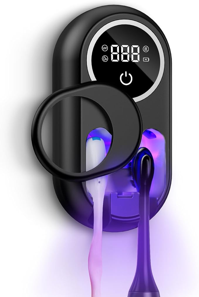 Temracha Toothbrush Sanitizer Holder, Upgraded UV Toothbrush Holder with Dual-Mode Clean & Air Dry, LED Smart Screen, Auto-Inductive Cover, Toothbrush Wall Mounted Cleaner Organizer for Bathroom, Trip