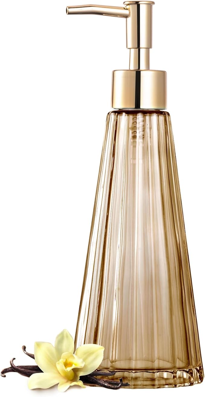 EMPO Vintage Elegant Glass Soap Dispenser, Liquid Soap/Sanitizer/Shampoo Bottle with Pump, Rustic Farmhouse Decor Hand Soap Dispenser Bathroom Accessories (Brown)