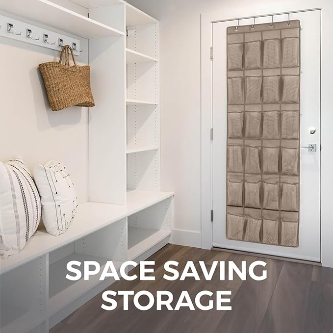 HOME GENIE Over the Door Hanging Shoe Organizer, 2 Pack, 24 Breathable Mesh Pockets, Closet Rack Storage Holder Stay in Place Hooks Hang on Closets, Hanger Holds Up to 40 lbs, Shoes, Accessories Beige