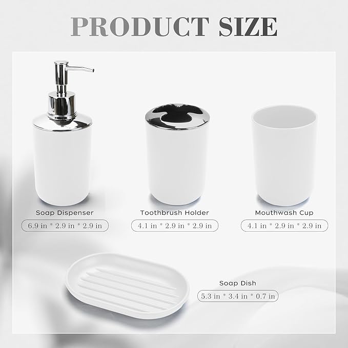 4 Pcs White Bathroom Accessories Set,Bohemian Bathroom Toothbrush Holder Set.Include Soap Dispenser, Soap Dish, Toothbrush Holder, Mouthwash Cup, Modern Bahtroom Decor Set