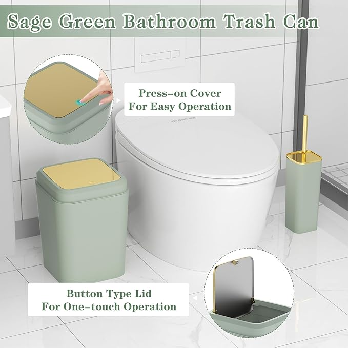 Bathroom Set, Sage Green Bathroom Accessories Set with Press-on Lid Bathroom Trash Can, Soap Dispenser, 10PC Bathroom Accessory Set for Home