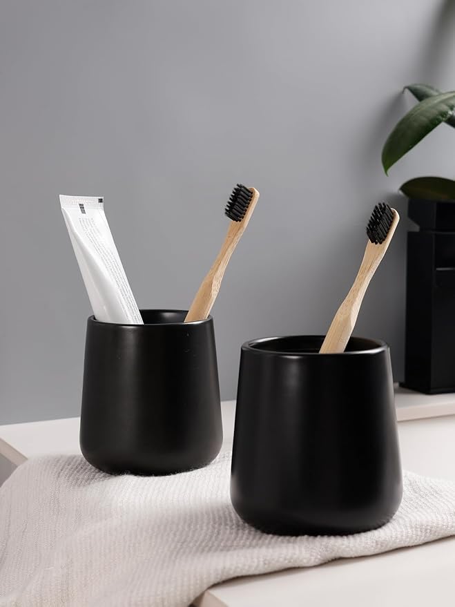 Bosilunlife Soap and Toothbrush Holder Set - Ceramic Bathroom Accessories Set Black Liquid Hand Soap Dispenser Set for Bathroom Toothbrush Holder and Soap Dispenser Set
