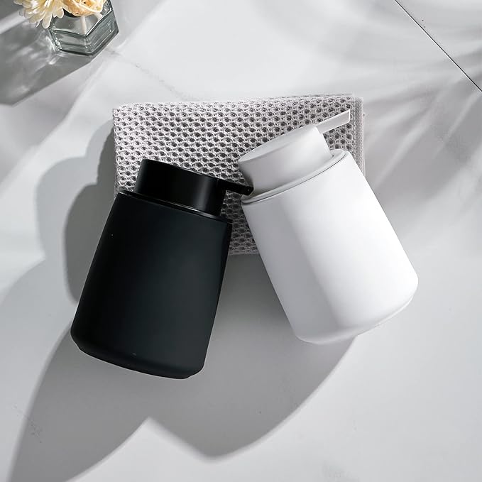 12Oz White Soap Dispenser - Modern Ceramic Lotion Hand Soap Dispenser with Easy-to-Press White Pump, Reusable and Refillable Liquid Dish Soap Dispensers for Bathroom, Kitchen (Rubber Paint)