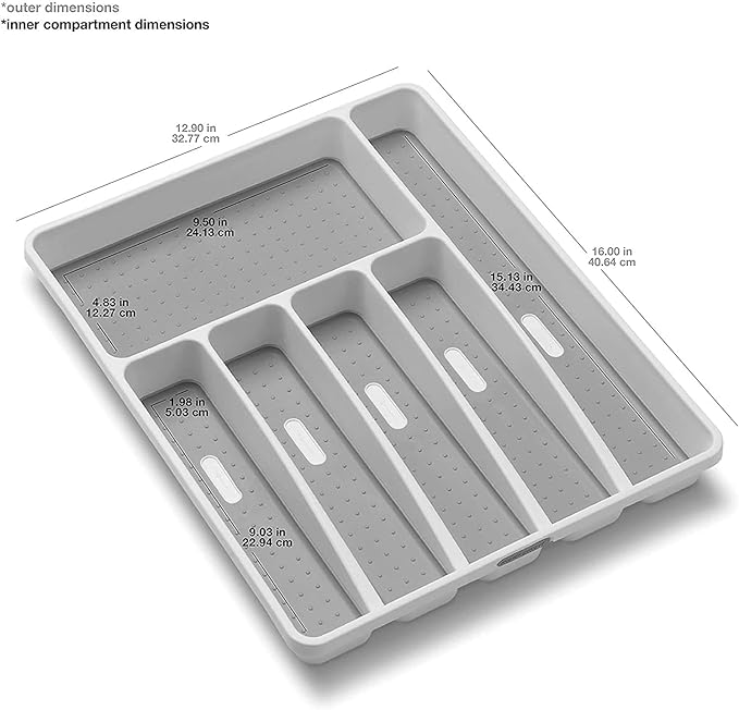 madesmart Premium Silverware Tray, 6 Compartment Flatware Organizer for Forks, Knives & Spoons,Non Slip, Soft Grip Lining, Durable Drawer Organizer, White