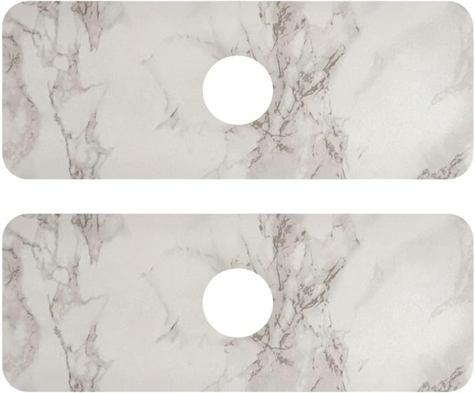 Kitchen Sink Splash Guard 2 PCS 14.7 Inch Sink Faucet Mat Splash Guard for Bathroom Countertop Water Absorbent Foldable Cuttable Soft Washable Marble White