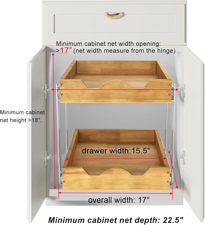 DINDON 2 Tier Pull Out Cabinet Organizer (17" W x 21" D) Wood And Metal Double Tier Slide Out Wood Drawer Under Cabinet Storage And Organization
