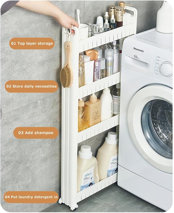 3.54 Slim Storage Cart Durable Bathroom Organizer Slide Out Storage Cart Rolling Utility Cart Slide Out Organizer Narrow Shelf Rack for Kitchen Bathroom Study Office