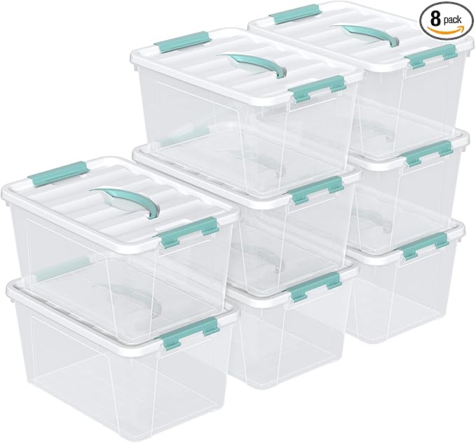 Parlynies 14 Qt Stackable Plastic Storage Bins with White Lids, Clear Latching Storage Organizer Box, 8 Packs