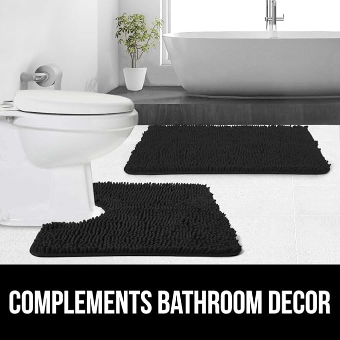 GORILLA GRIP Plush Absorbent Shaggy Chenille Bath Rug Mat for Square Toilet Base with Rubber Backing, Machine Washable Rugs, Soft Microfiber Contour Mats for Toilets, Bathroom Decor, Black