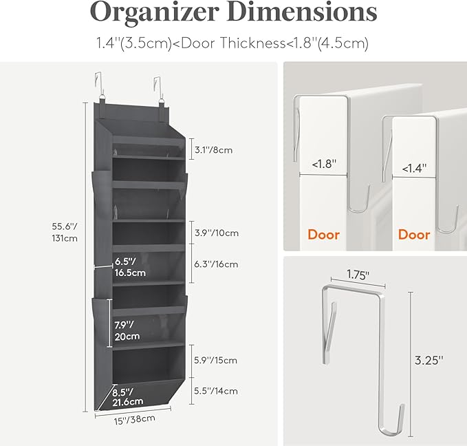 Lifewit 1 Pack Over the Door Organizer, Clear Window Hanging Storage with 4 Mesh Side Pockets, Anti Tilt 40 lbs Load Behind Door for Pantry, Nursery, Bathroom, Bedroom, Dorm, 5 Section, Gray