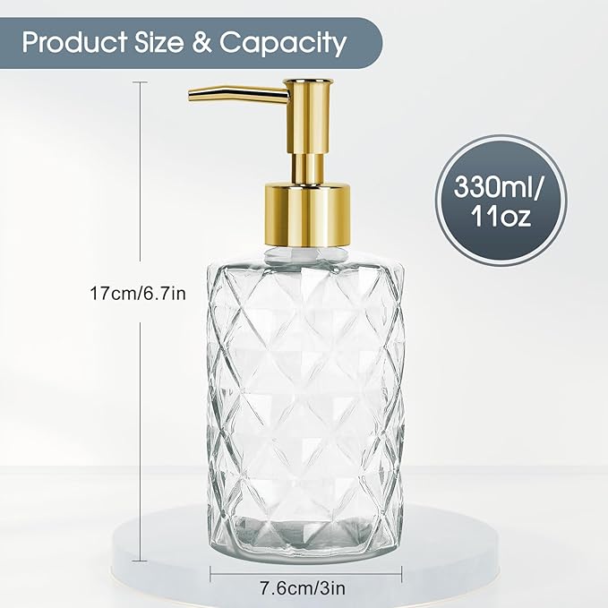 Topsky 2pcs Glass Soap Dispenser with Plastic Pump,330ml Liquid Hand Soap Dispenser,Rustproof Pump for Kitchen & Bathroom,Great for Lotions,Essential Oil,Liquid Soaps,Clear