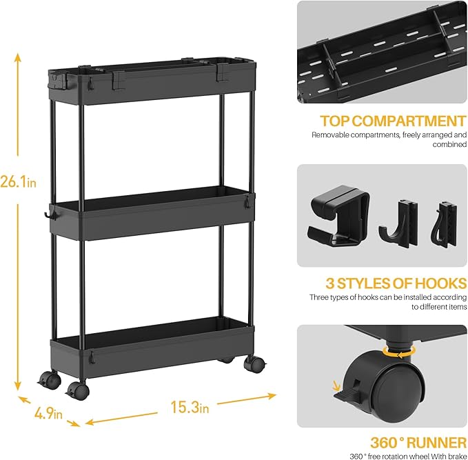 SPACELEAD Slim Storage Cart 3 Tier,Bathroom Organizer Rolling Utility,Mobile Shelving Unit Slide Out for Office, Kitchen, Laundry Room & Narrow Places,Black