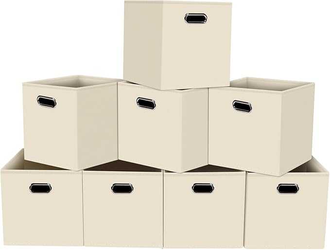 Foldable cube storage bins, Fabric Storage Box Cubes Organizer Baskets with Dual Handles for Home Organizer,Nursery,Shelves,Closet,Set of 8,(Creamy-White)